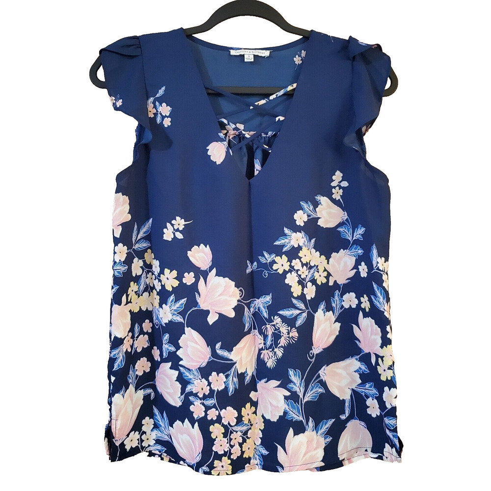 Crescent & Willow Womens Pullover Blouse Size S Blue Pink Floral Ruffle Top